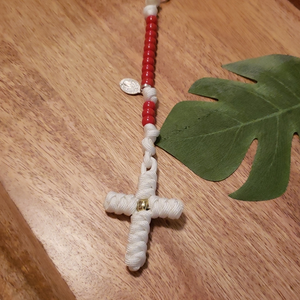 NEW! Rosary Keychain HANDMADE Red on White